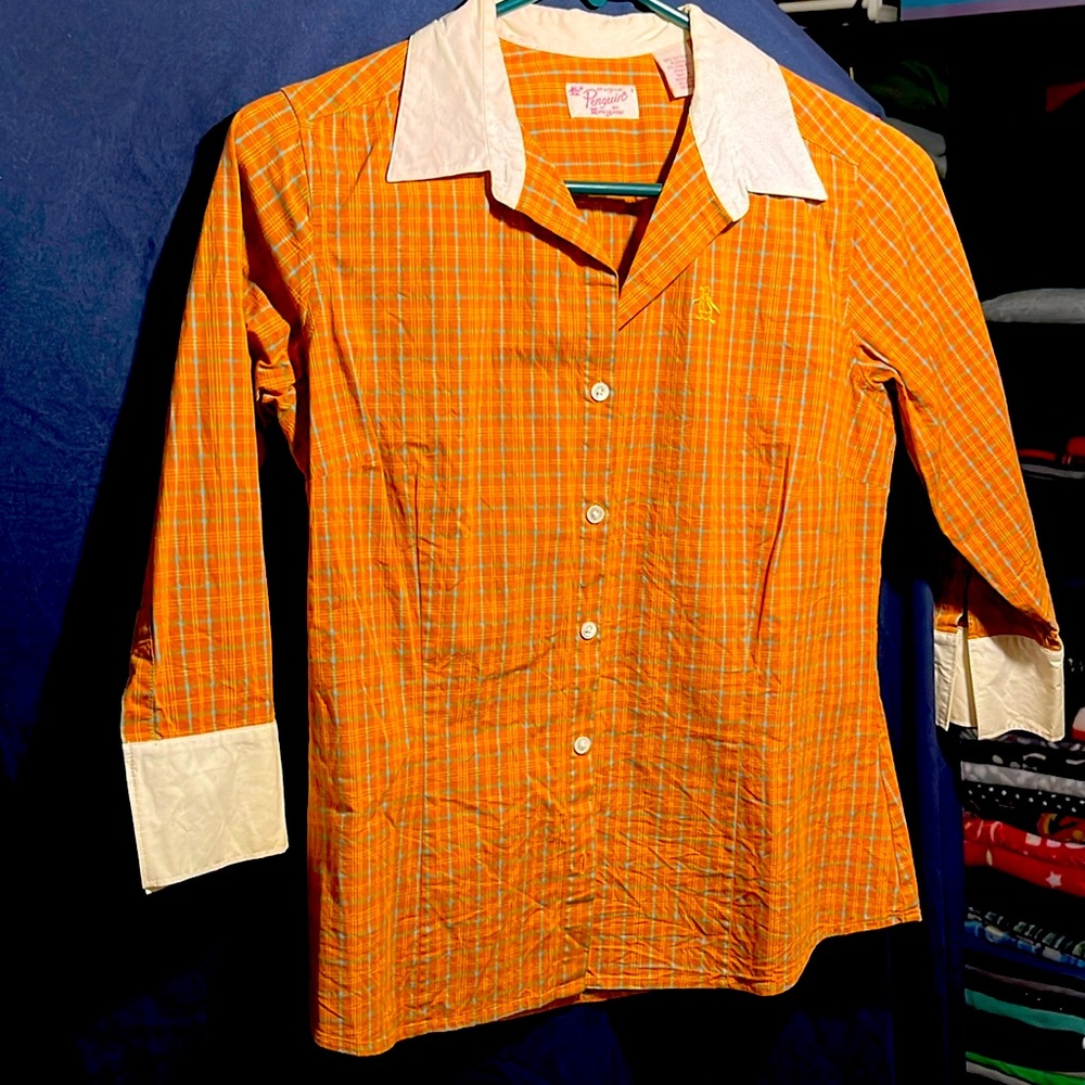 Penguin Orange/turquoise plaid button down shirt white collar - Picture 1 of 6
